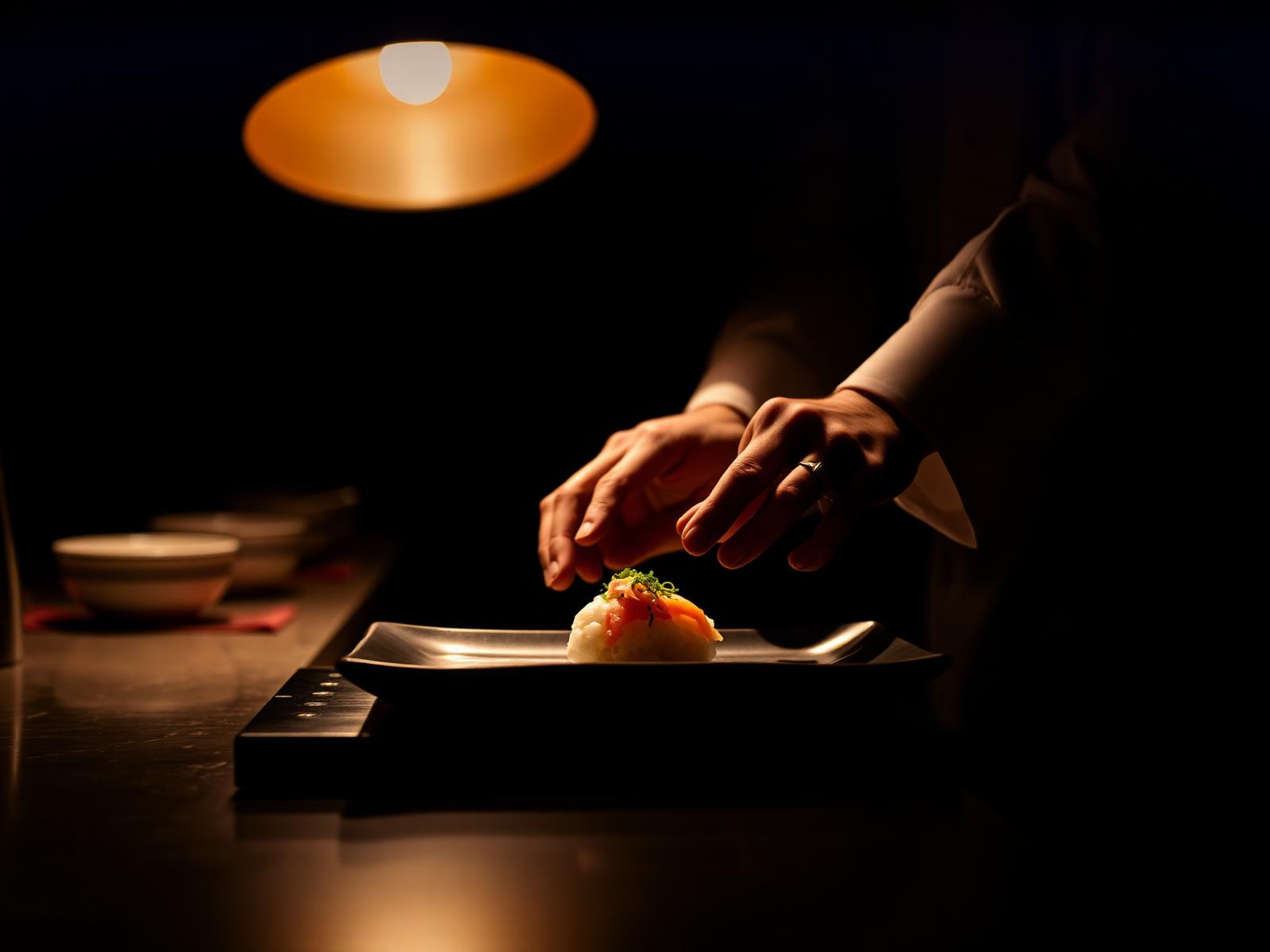 Balcão de omakase com luz baixa