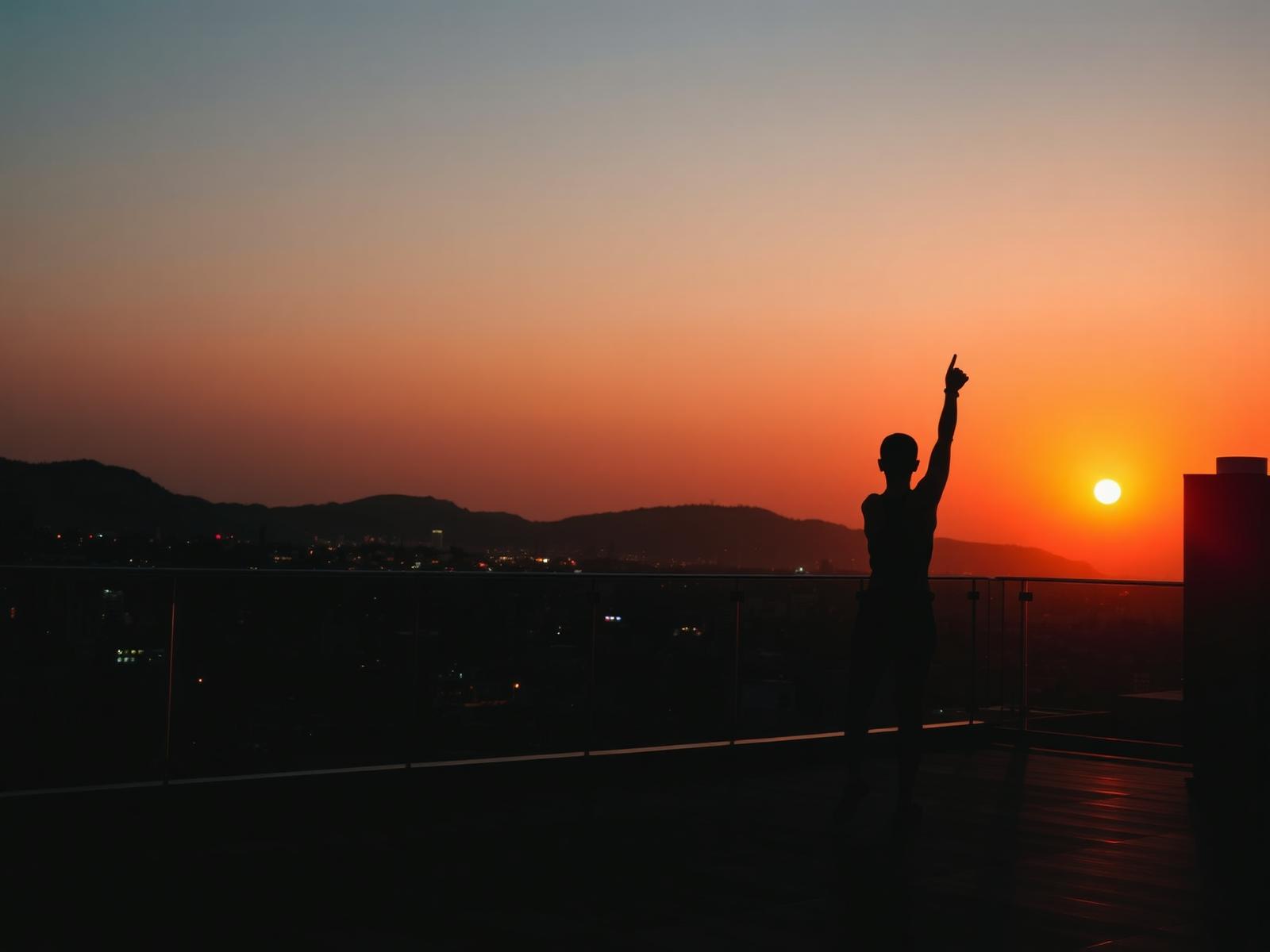 Rooftop noturno com vista da cidade